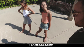 Petite teens are involved in threesome with neighbor