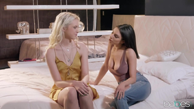 A blonde and a brunette teen love scissoring